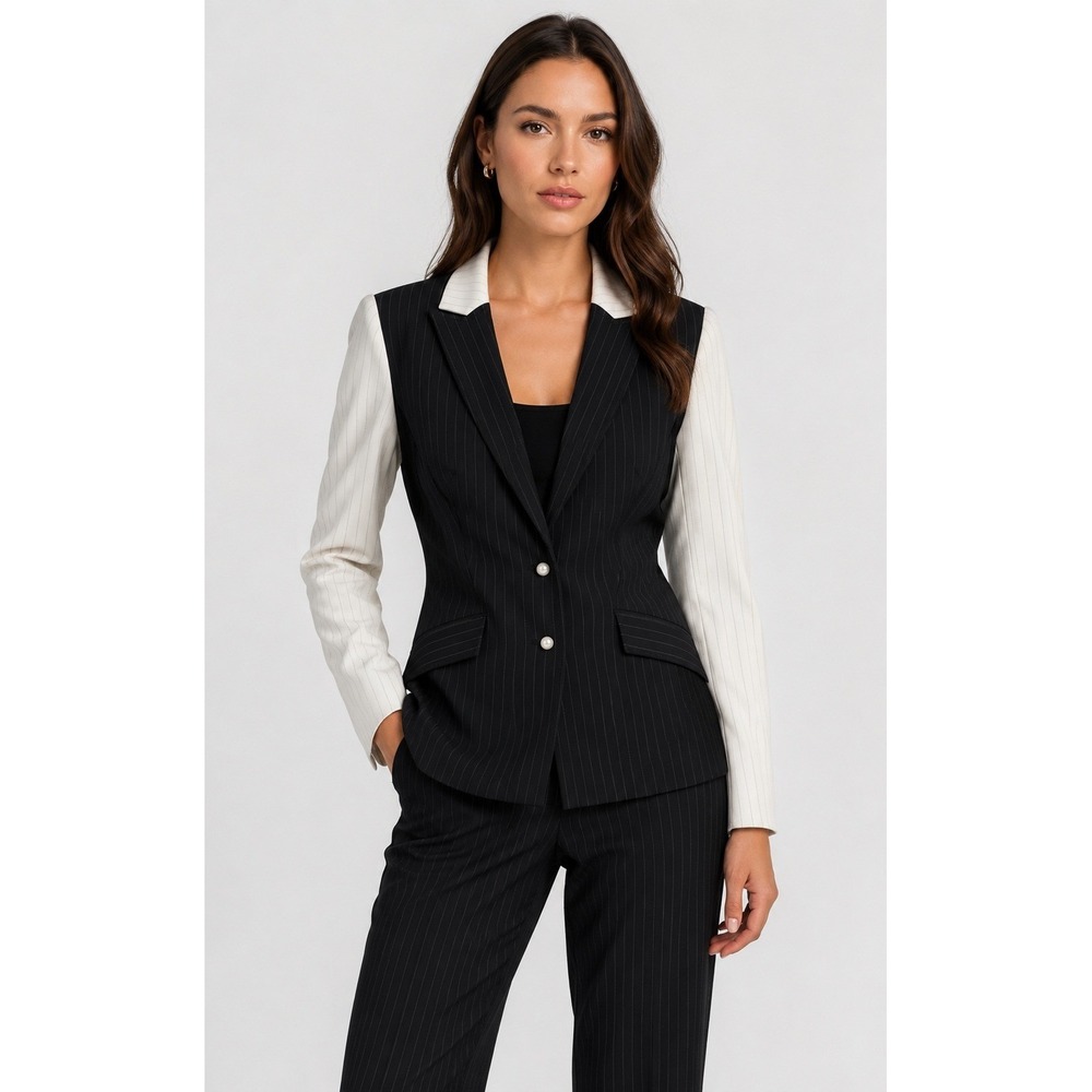 Hilton Hollis Pinstripe Blazer Women 0 Black‎ White Single Breasted Pearl Button